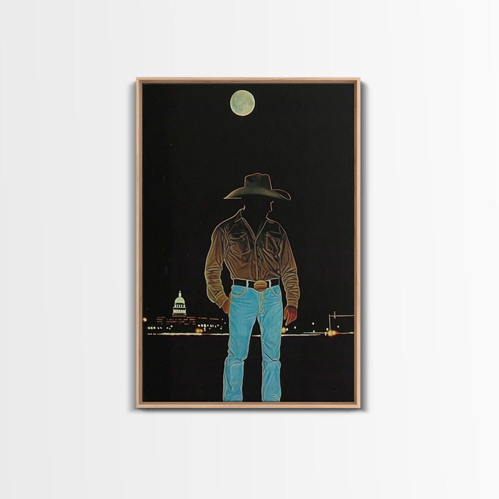 Cowboy Under the Moon Print - Framed Canvas Wall Art, Rustic Western Decor, Nighttime Cowboy Artwork for Living Room, Western Night Sky