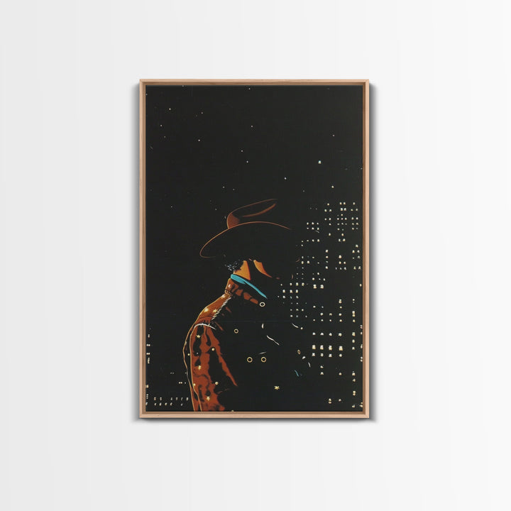 Cowboy in the City Night Print - Framed Canvas Wall Art, Urban Western Decor, City Cowboy Artwork for Living Room, Modern Western Art