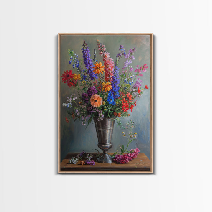 Colorful Flower Vase Print - Framed Canvas Wall Art, Bright Floral Decor for Living Room, Colorful Flower Artwork for Home, Floral Wall Art