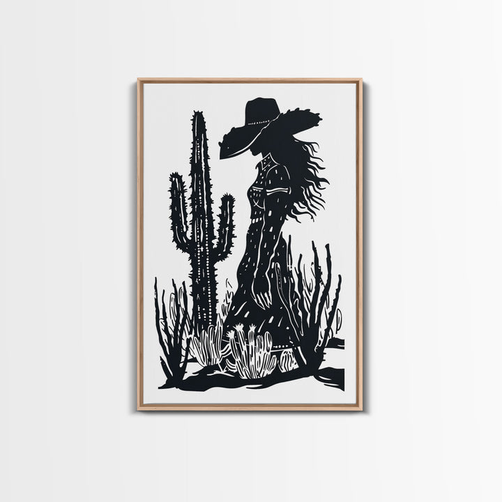 Cowgirl at Sunset Art Print, Western Silhouette Framed Canvas, Vintage Desert Scene, Rustic Western Home Decor, Unique Wall Art