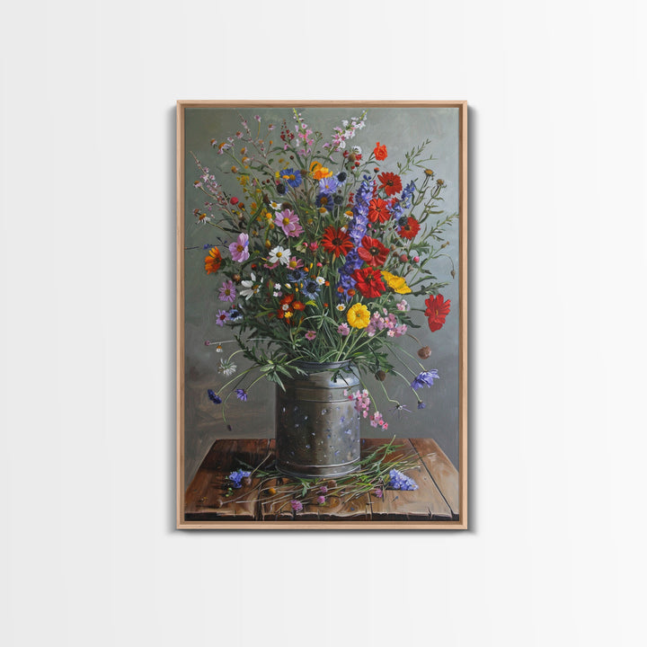 Wildflower Bouquet Print - Framed Canvas Wall Art, Rustic Floral Decor for Living Room, Colorful Wildflower Artwork for Home, Botanical Art