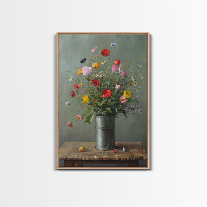 Rustic Flower Vase Art on Weathered Table - Framed Canvas Print, Country Living Room Decor, Farmhouse Floral Wall Art, Vintage Floral Design