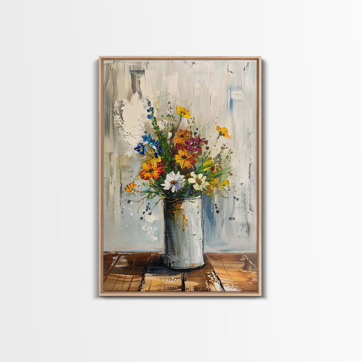 Modern Abstract Flower Vase Art - Framed Canvas Print, Colorful Floral Decor for Living Room, Contemporary Flower Artwork, Bright Home Decor