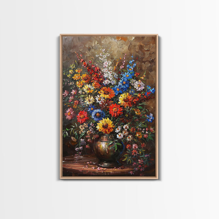 Bold Flower Bouquet Art on Dark Background - Framed Canvas Print, Vibrant Floral Wall Art for Living Room, Modern Artwork, Flower Decor