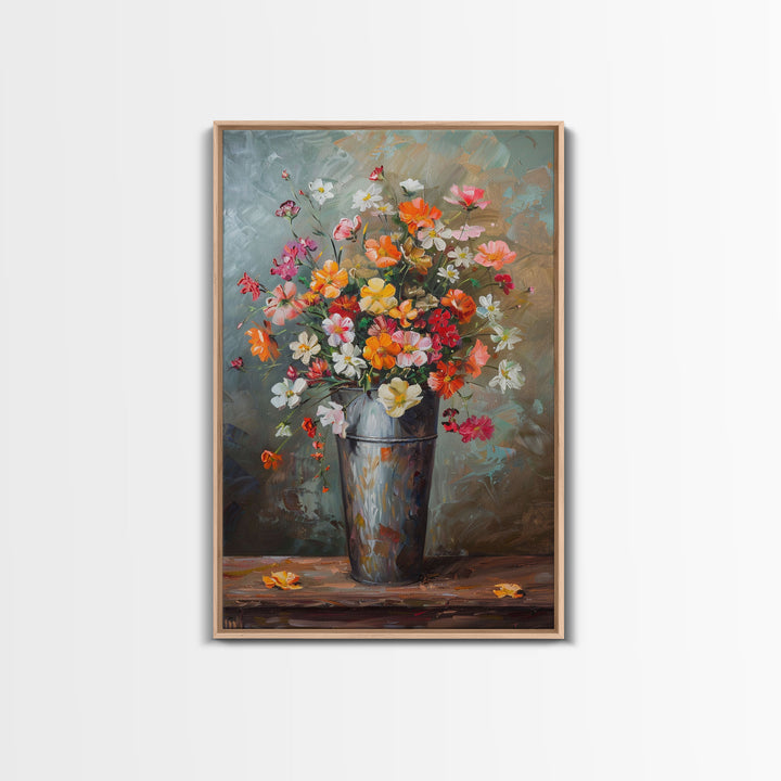 Elegant Floral Vase Art with Soft Colors - Framed Canvas Print, Pastel Flower Decor for Living Room, Light Floral Artwork, Romantic Wall Art