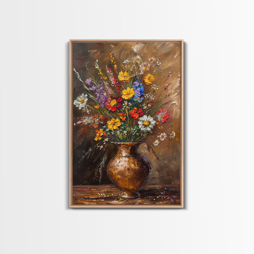 Lush Floral Arrangement in Vase Art - Framed Canvas Print, Colorful Flower Decor for Living Room, Bright Botanical Artwork, Nature Wall Art