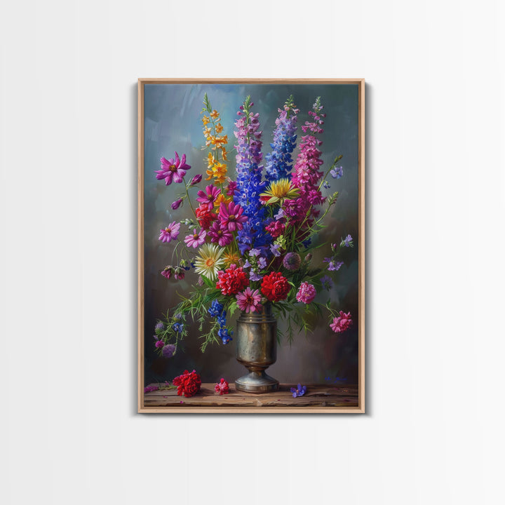 Dramatic Floral Vase Art on Rich Background - Framed Canvas Print, Bold Flower Decor for Living Room, Botanical Artwork, Floral Wall Art