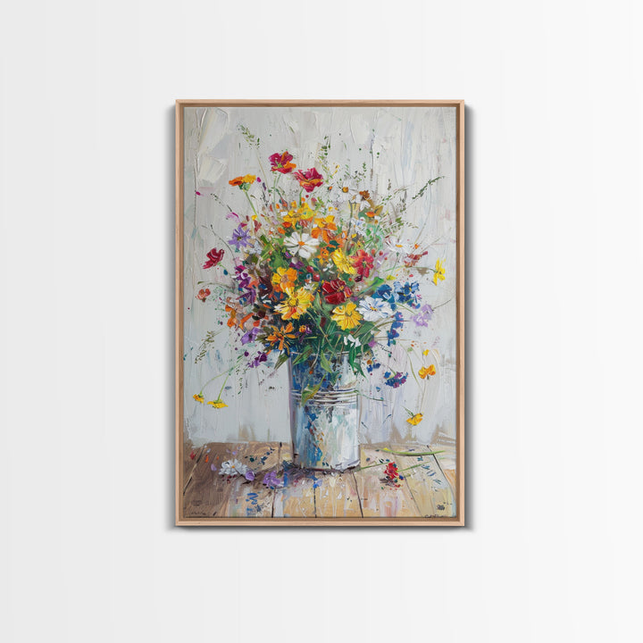 Delicate Flower Vase Art with Light Colors - Framed Canvas Print, Soft Floral Decor for Living Room, Gentle Botanical Artwork, Pastel Wall A