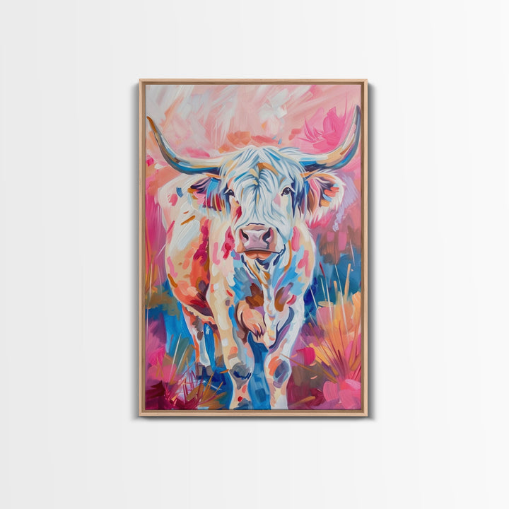 Colorful Highland Cow Art - Rustic Farmhouse Wall Decor, Vibrant Animal Painting, Living Room Art, Highland Cow Canvas Print