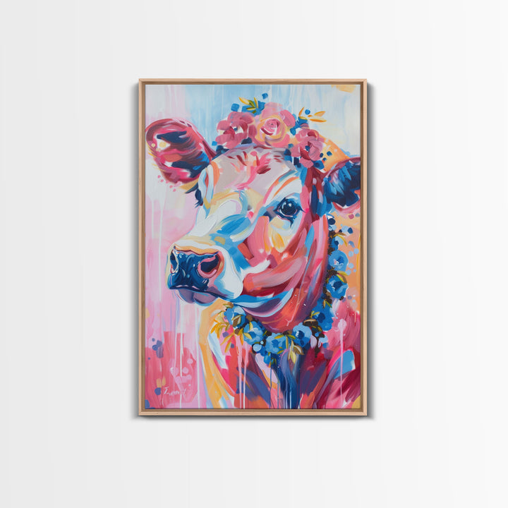 Floral Crowned Cow Portrait - Whimsical Farmhouse Wall Art, Vibrant Animal Painting, Bedroom Decor, Cute Cow Canvas Print