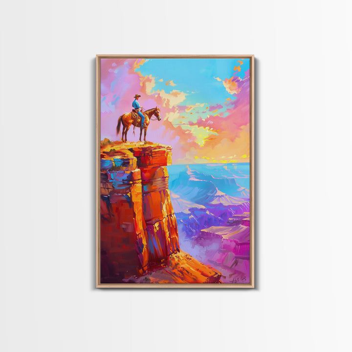 Cowboy on Cliff Edge at Sunset - Colorful Western Landscape Painting, Sunset Wall Art, Living Room Decor, Cowboy Canvas Print