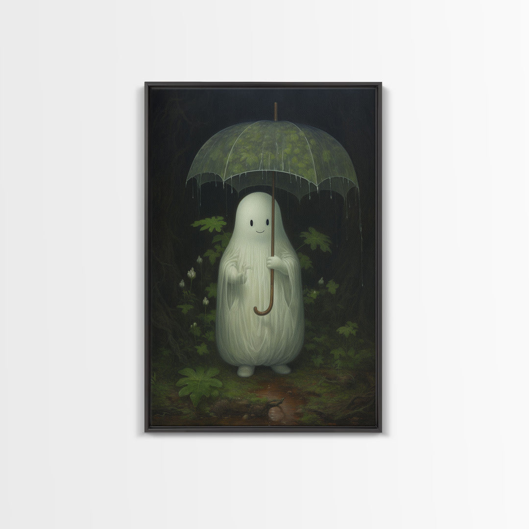 Ghost Holding an Umbrella In The Rain, Vintage Halloween Canvas Print, Framed Canvas, Halloween Wall Art, Dark Academia, Spooky Haunted