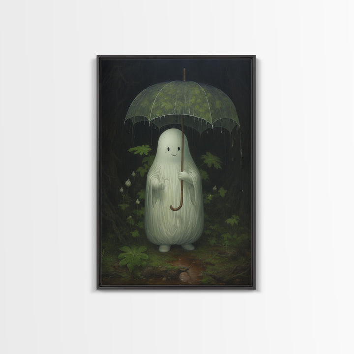 Ghost Holding an Umbrella In The Rain, Vintage Halloween Canvas Print, Framed Canvas, Halloween Wall Art, Dark Academia, Spooky Haunted