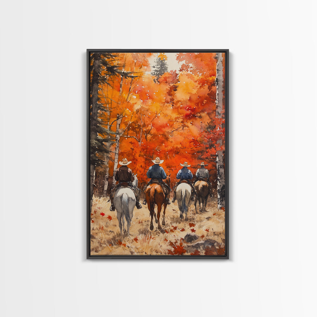 The Riders, Autumn Decor, Framed Canvas Print, Fall Painting, Fall Centerpiece Decor, Vintage Autumn Or Fall Painting Art