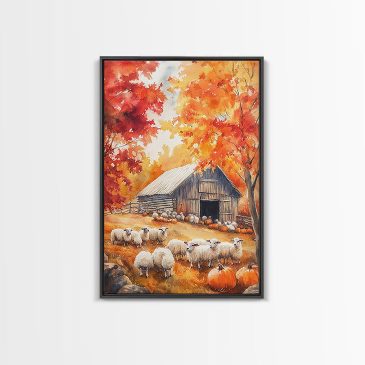 The Sheep Farm In Fall Framed Canvas Print, Farmhouse Decor, Boho Painting Wall Art