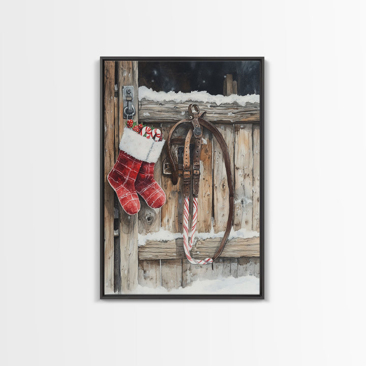 Wild West Christmas, Framed Canvas Print, Stirrups and Stockings, Cowboy Art