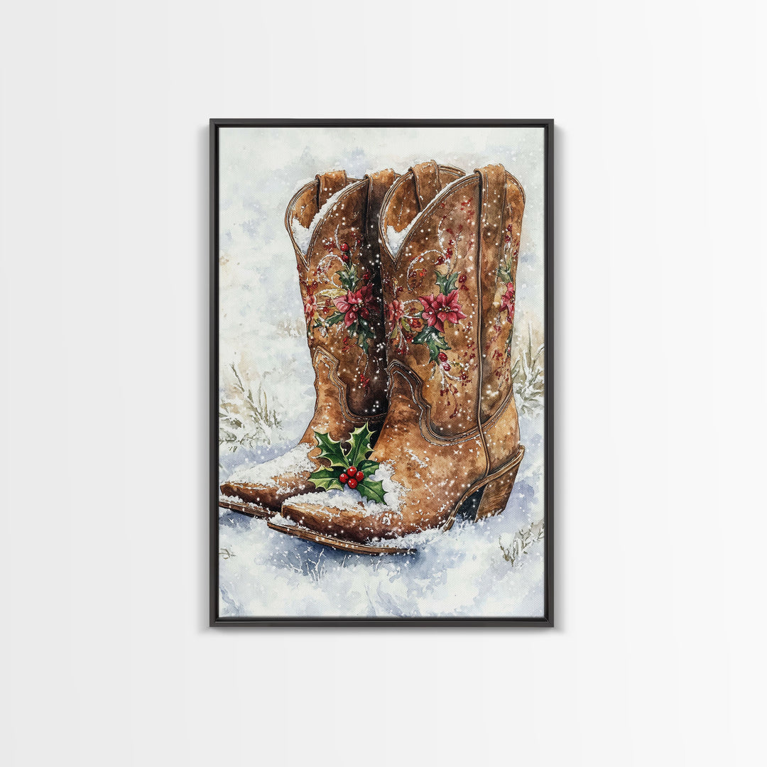 Christmas Cowboy Boots, Framed Canvas Print, Primitive / Rustic Farmhouse Wall Art, Cowboy Decor, Texan Art, Christmas Vintage Art