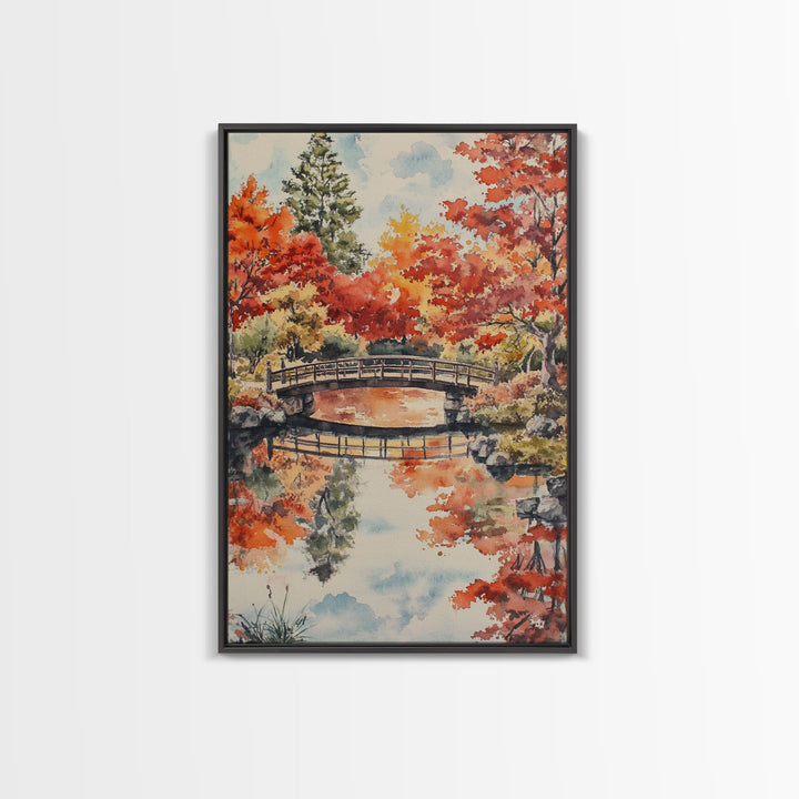 The Fall Bridge, Framed Canvas Print, Autumn Decor, Holiday / Seasonal Wall Art Gift For Her, Moody Landscape