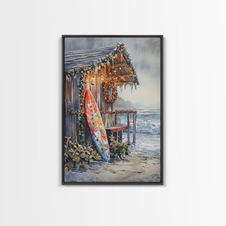 Surf Shack Decorated For Christmas, Tropical Christmas Wall Art, Canvas Print, Wood Framed Wall Art, Christmas Vintage, Christmas Vacation