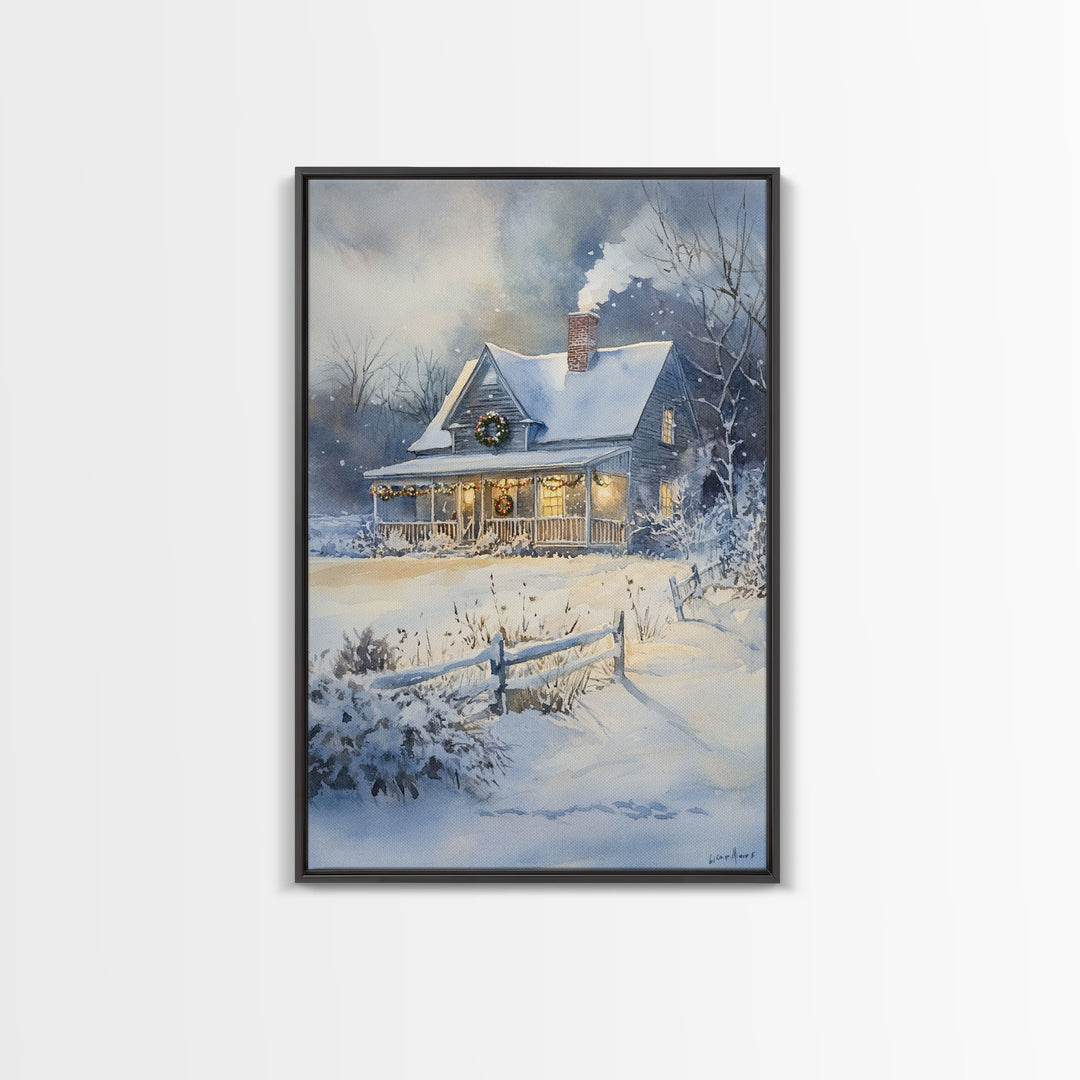 Christmas Cottage Wall Art, Framed Canvas Print, Winter Wonderland Landscape Print