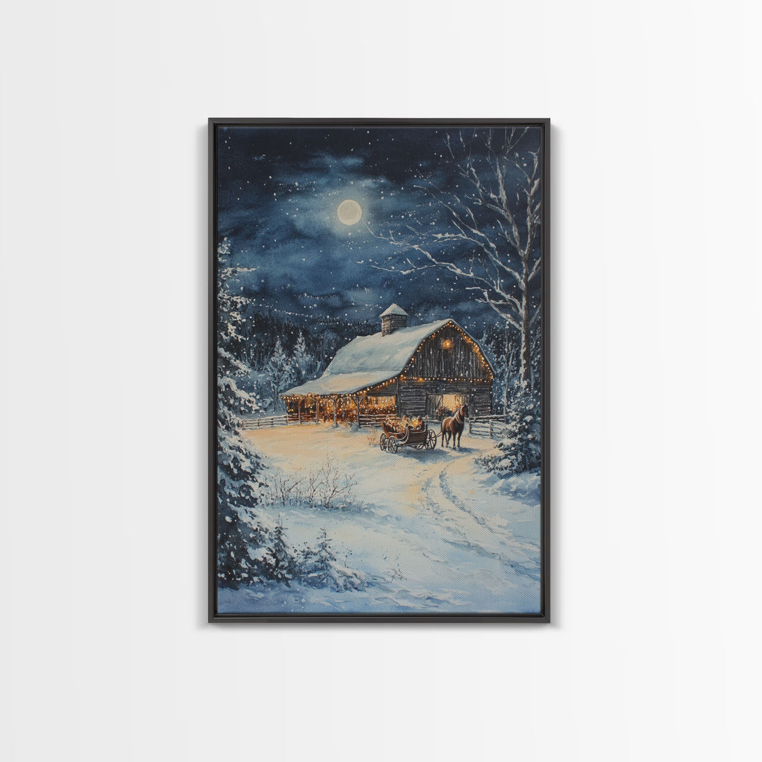 The Christmas Barn, Framed Canvas Print, Farmhouse Christmas Wall Art