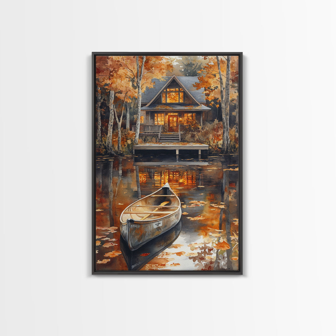 Canoe on the Lake, Lake House Decor, Framed Wall Art Canvas Print, Fall Decor, Seasonal Decor, Holiday Decor Gift