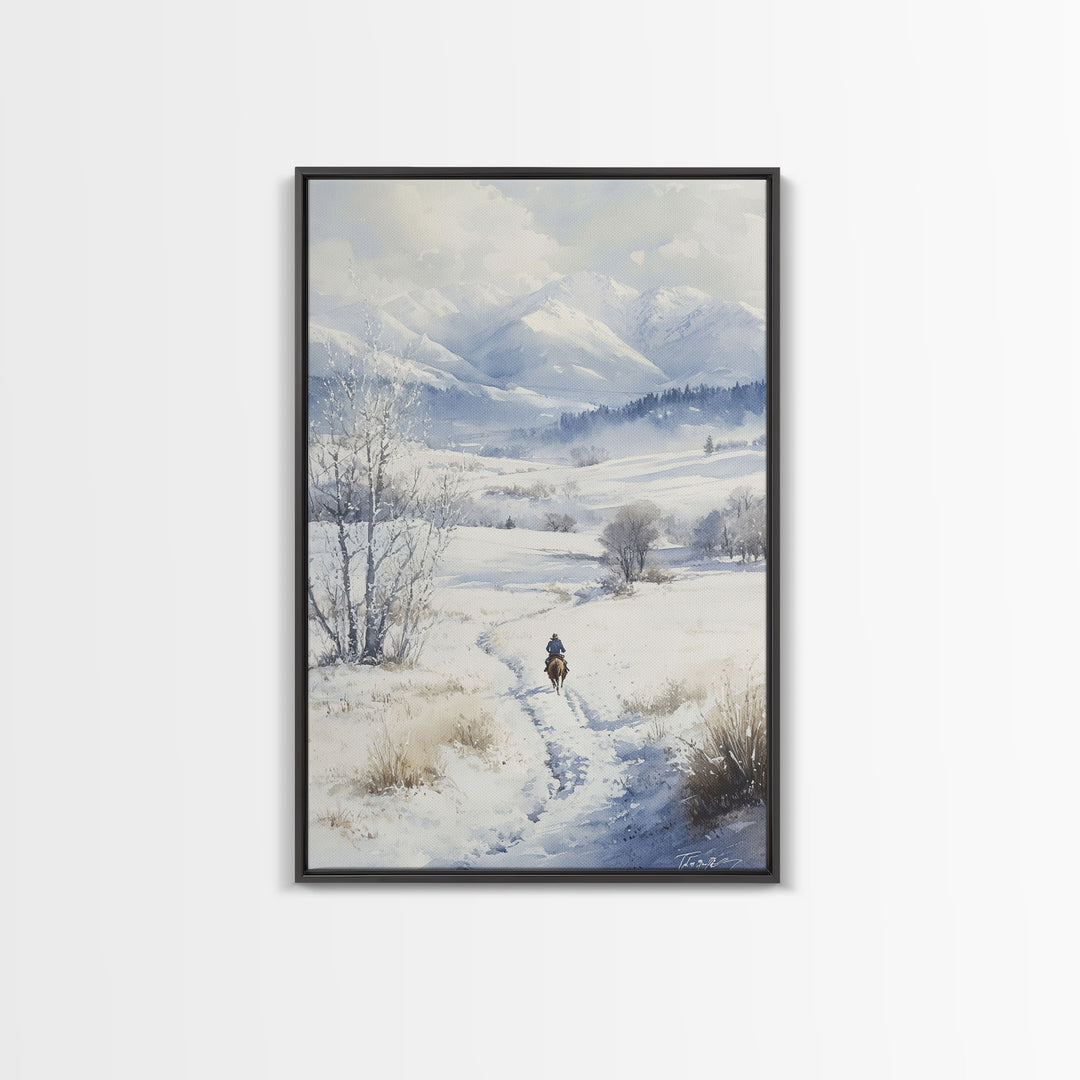 Rider In The Snow, Western Wall Art, Wild West Winter Wonderland, Christmas Wallart, Winter Landscape Painting