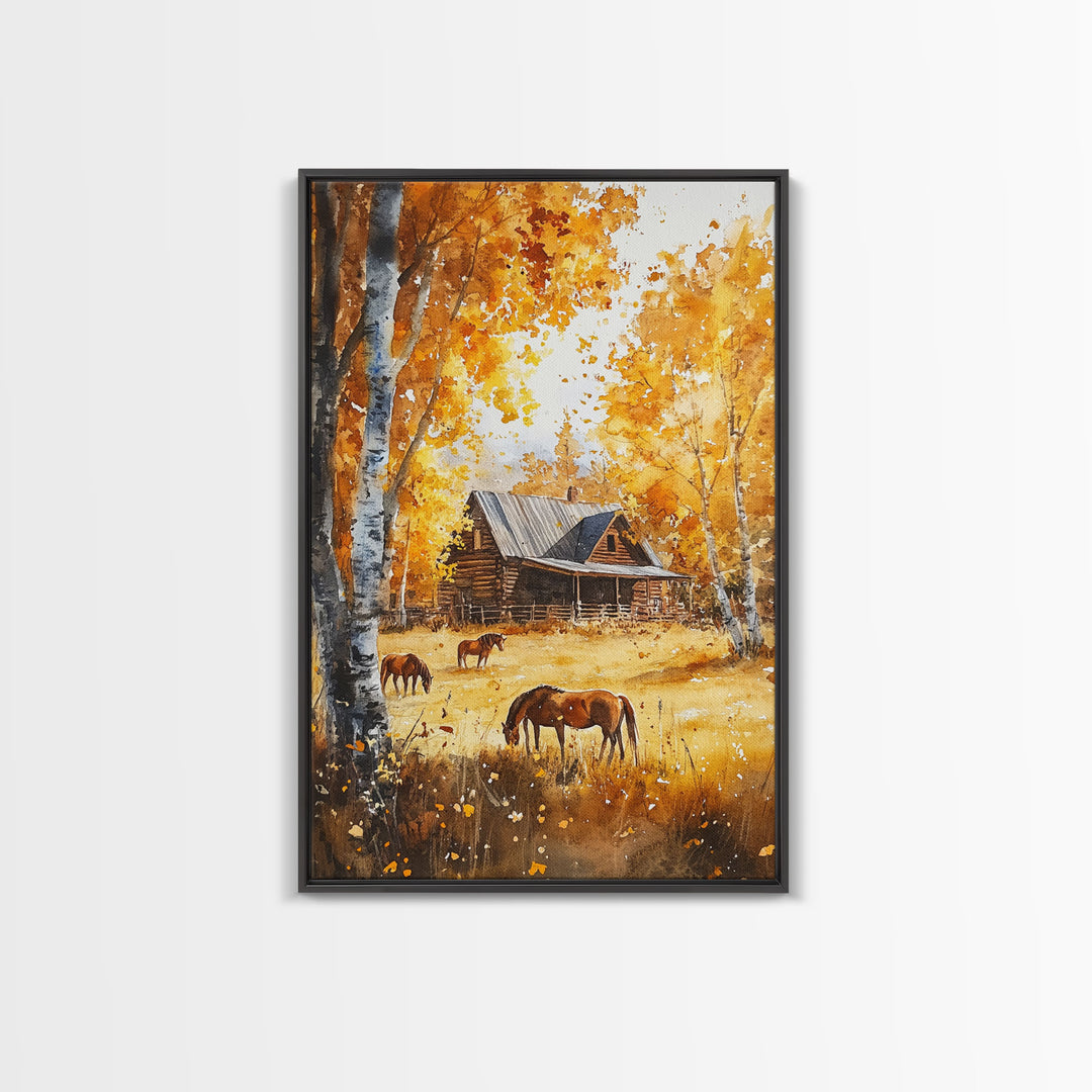 Log Cabin and Horses In The Fall, Wood Framed Wall Art, Primitive Thanksgiving Home Decor, Living Room Art