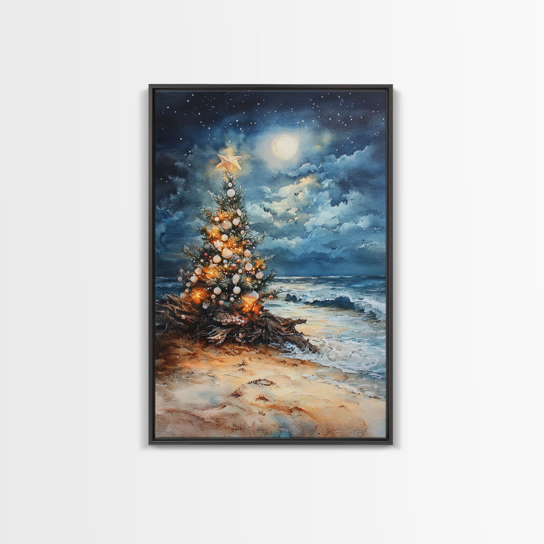 Christmas Tree On The Beach, Framed Canvas Print, gallery wall, Christmas Poster, Xmas Prints