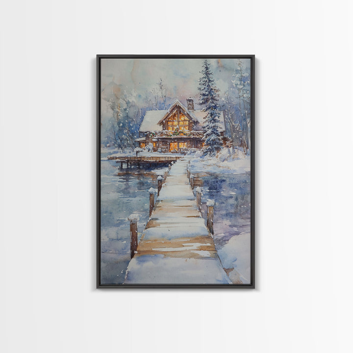 Christmas At The Lake, Framed Canvas Print, Wood Frame Lake House Decor, Winter Lakehouse Art