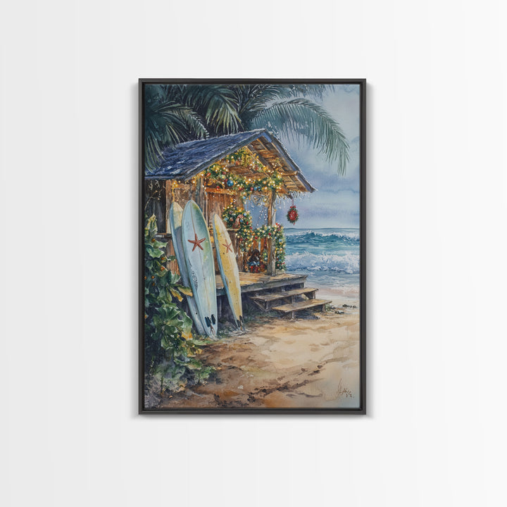 The Surf Shack at Christmas, Surfboard Art, Surfer Christmas Wall Decor, Framed Canvas Print, Cute Christmas Wall Art / Gift Idea