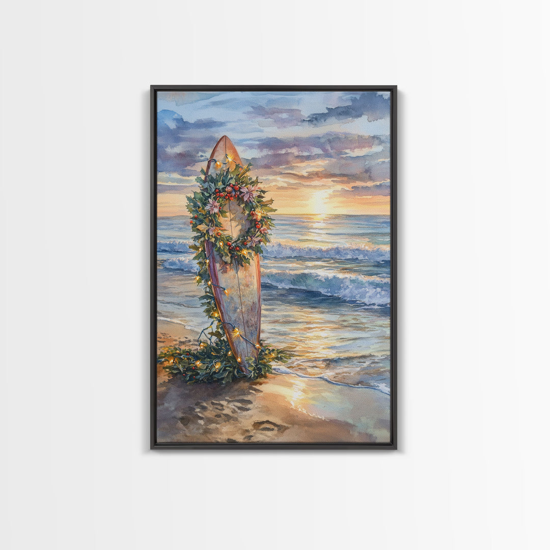 Beach Christmas Decor, Framed Canvas Print, Christmas At The Beach, Nautical / Tropical Holiday Wall Art