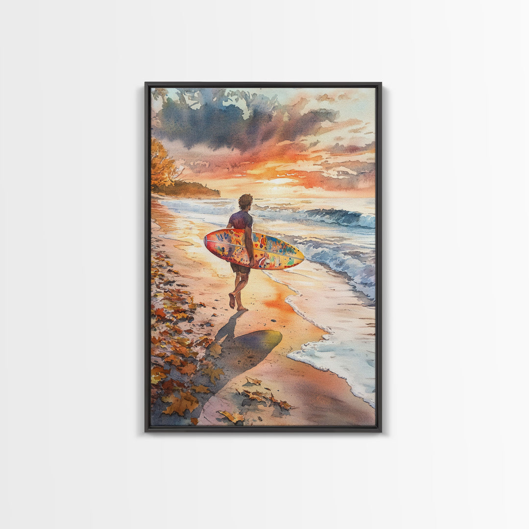 Tall Art Surfer Beach Walk At Sunset Framed Canvas Print Fall Coastal Wall Decor Best Gift Idea Holiday Wall Art Christmas Beach Art