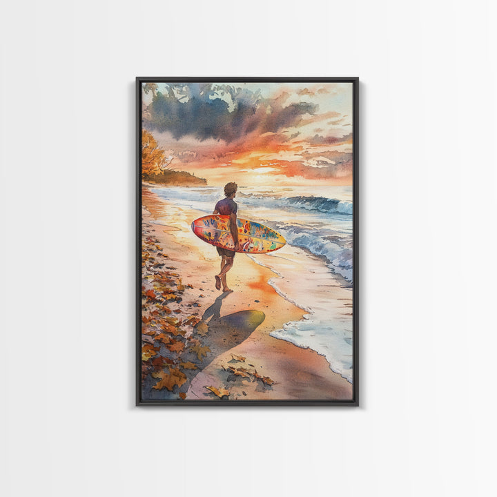 Tall Art Surfer Beach Walk At Sunset Framed Canvas Print Fall Coastal Wall Decor Best Gift Idea Holiday Wall Art Christmas Beach Art