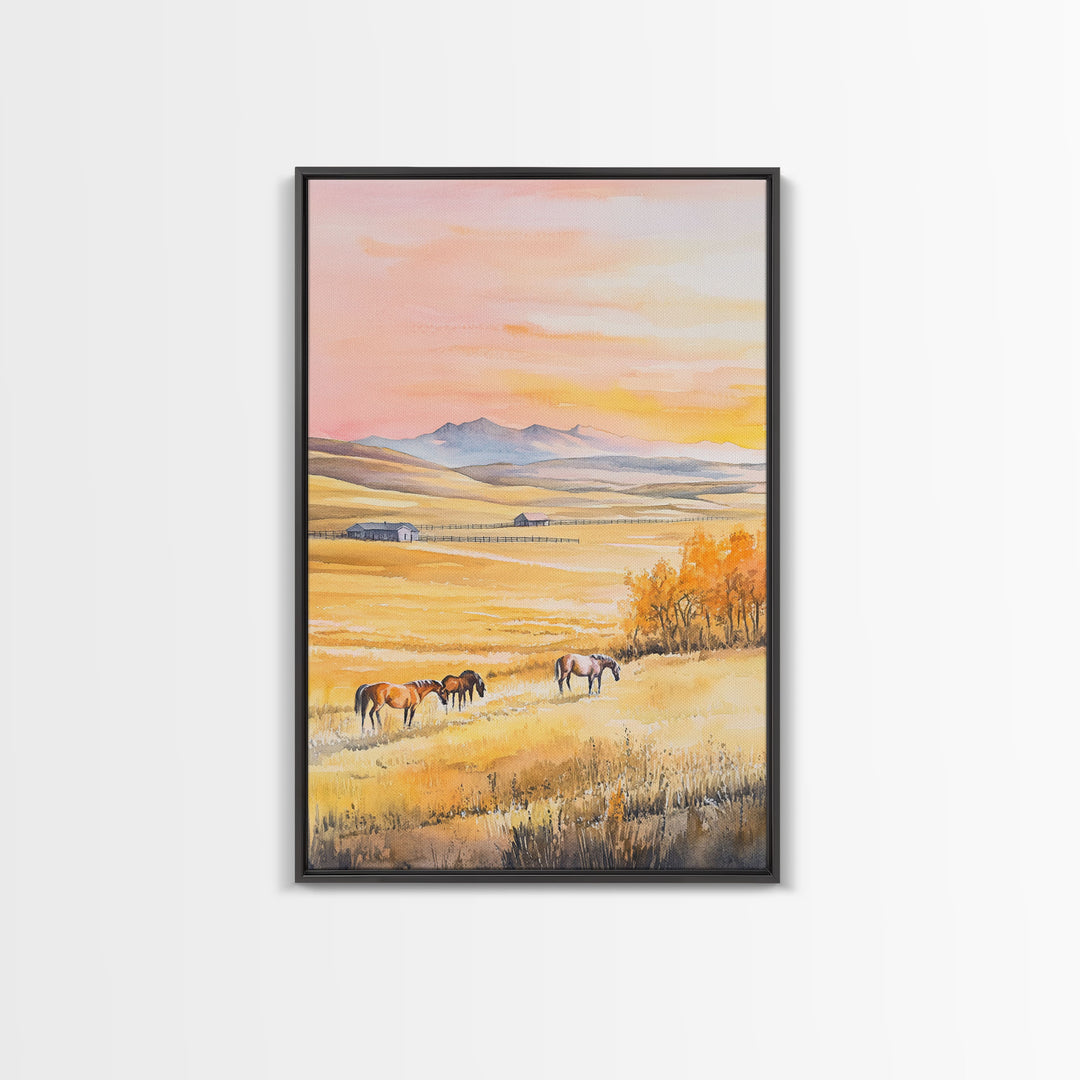 Horses Grazing In Golden Fields Framed Canvas Print Autumn Country Landscape Best Gift Holiday Wall Art Farmhouse Christmas Decor