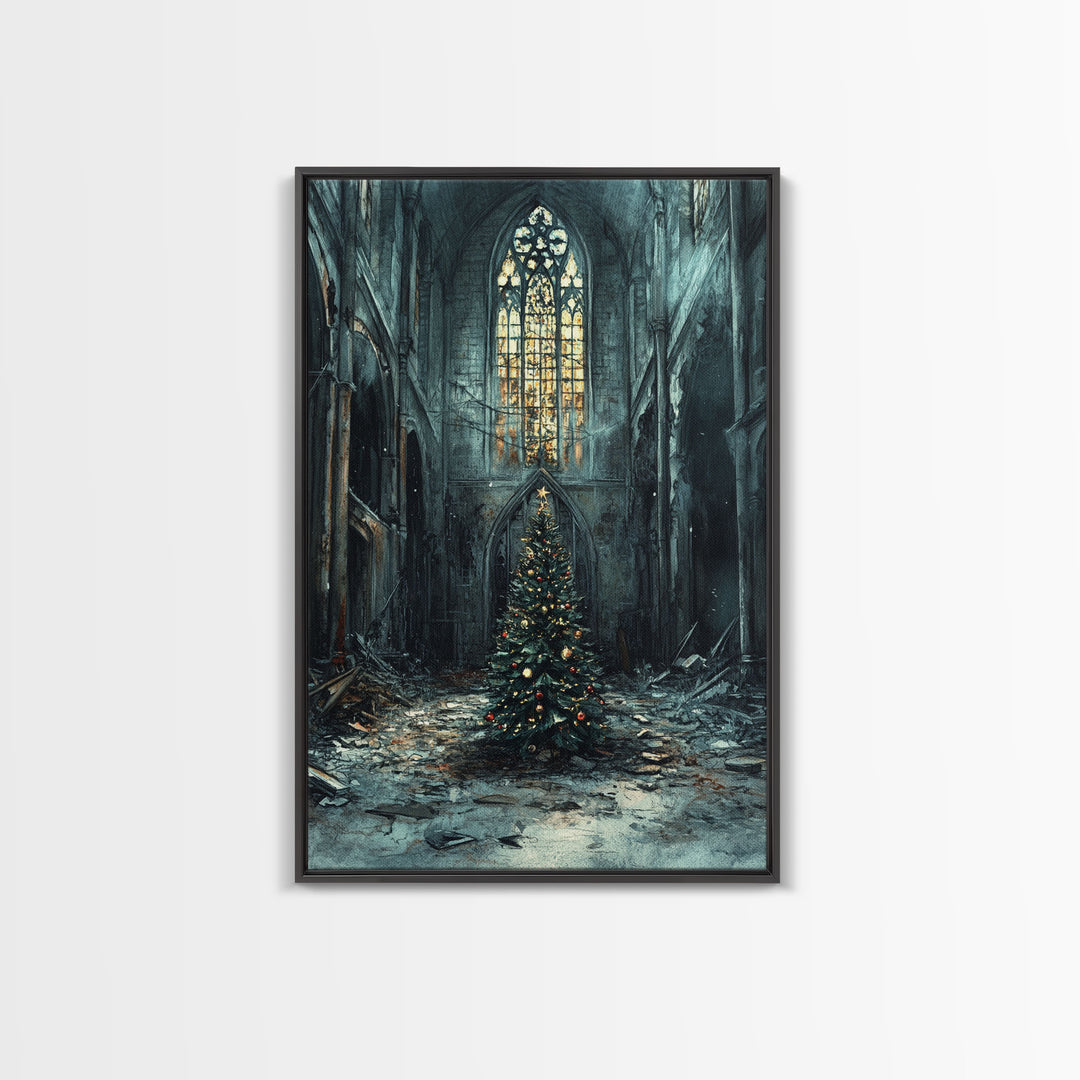 Moody Landscape Gothic Cathedral Christmas Tree Framed Canvas Print Christian Christmas Art Gift Rustic Holiday Wall Art Home Decor