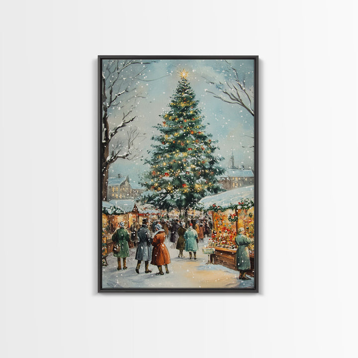 Snowy Christmas Market with Decorated Stalls and Large Holiday Tree, Framed Canvas Print for Vintage Christmas Wall Decor