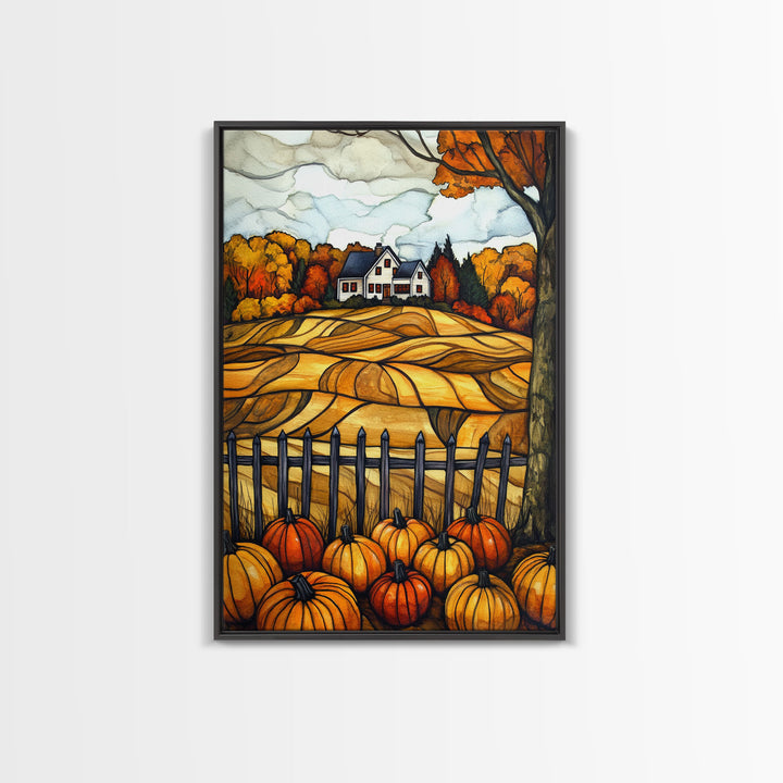 Cozy Fall Farmhouse With Pumpkins Framed Canvas Print Autumn Wall Art Country Farmhouse Decor Best Gift Idea Above Sofa Seasonal Art