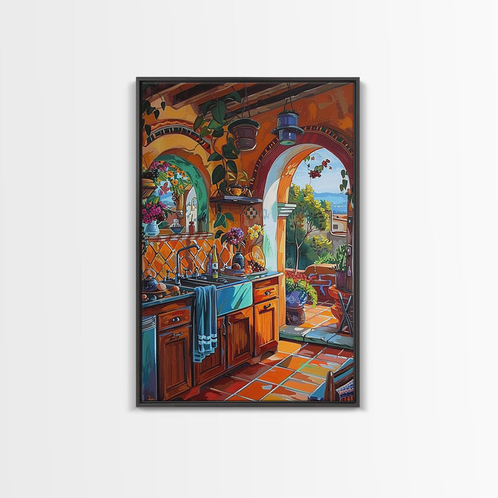 Sunlit Mediterranean Kitchen Framed Canvas Print Colorful Interior Wall Art Best Gift Idea Bright Rustic Home Seasonal Decor