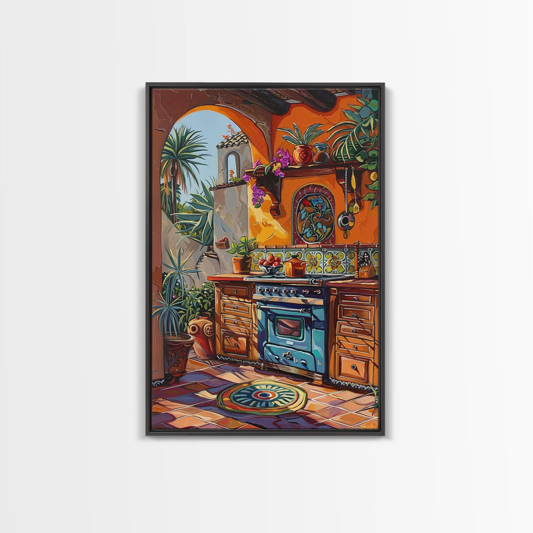 Vibrant Spanish Style Outdoor Kitchen Framed Canvas Print Colorful Tile Art Best Gift Rustic Wall Art Home Seasonal Decor Above Sofa