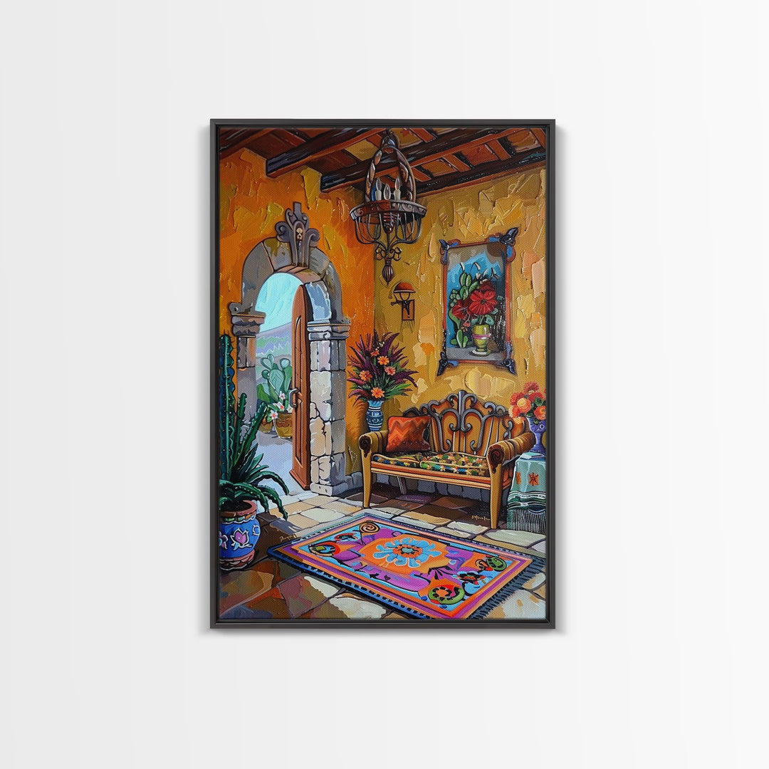 Vibrant Spanish Courtyard Framed Canvas Print Colorful Home Decor Best Gift Bright Seasonal Wall Art Mediterranean Patio Above Sofa Art