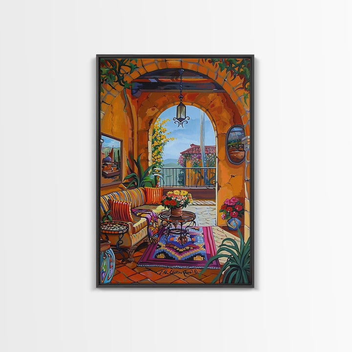 Spanish Villa With Cactus And Flowers Framed Canvas Print Rustic Home Decor Best Gift Idea Bright Courtyard Seasonal Wall Art