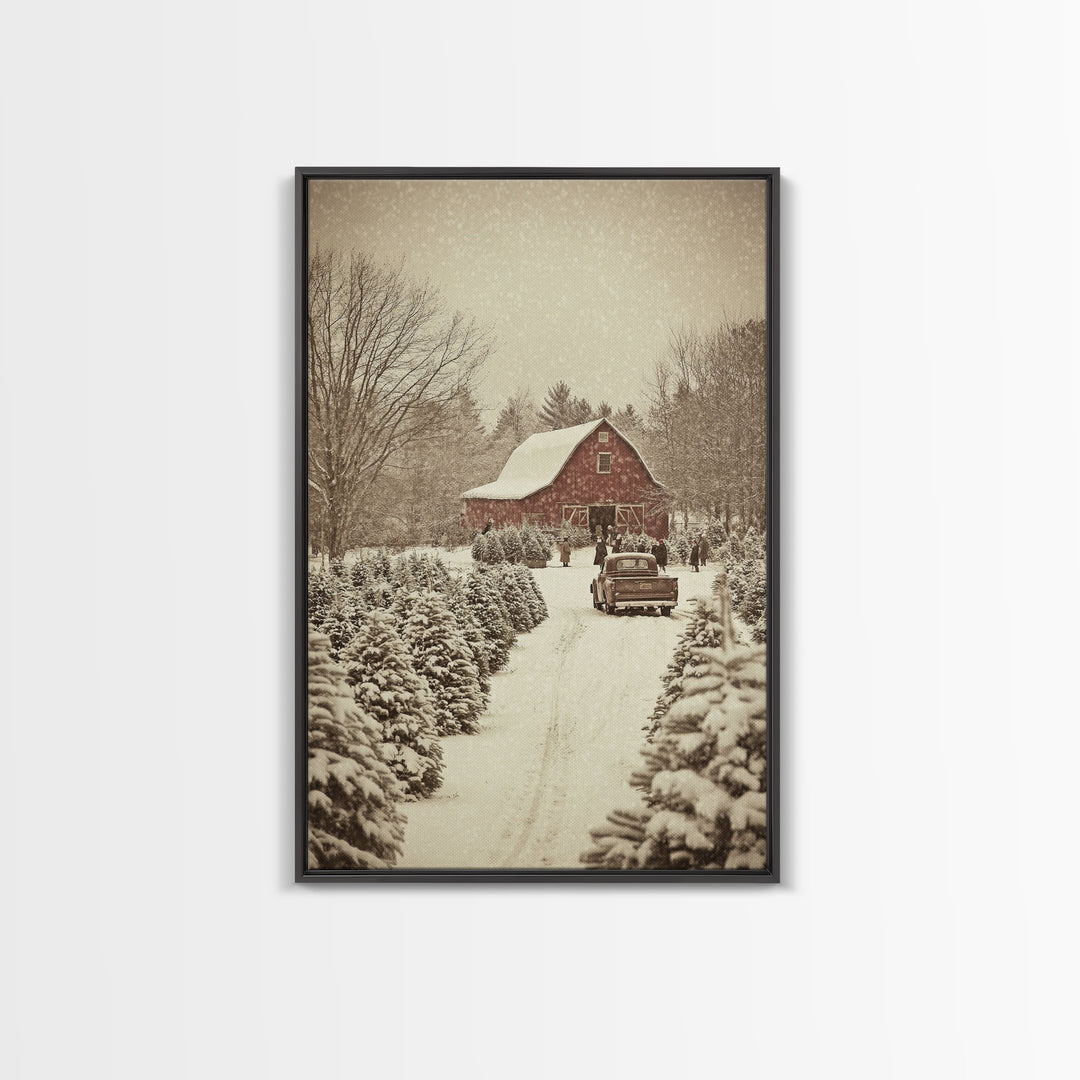 Snowy Farmhouse Christmas Scene with Red Barn and Vintage Truck, Perfect for Framed Canvas Print and Rustic Christmas Wall Art