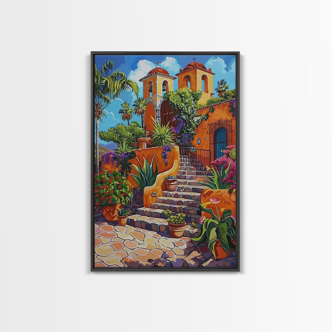 Spanish Mission With Palm Trees And Flowers Framed Canvas Print Colorful Home Decor Best Gift Bright Seasonal Art Above Sofa Wall Art