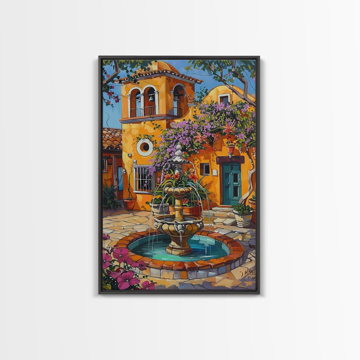 Tall Art Framed Canvas Print Featuring Mexican Style Courtyard Fountain And Vibrant Architecture