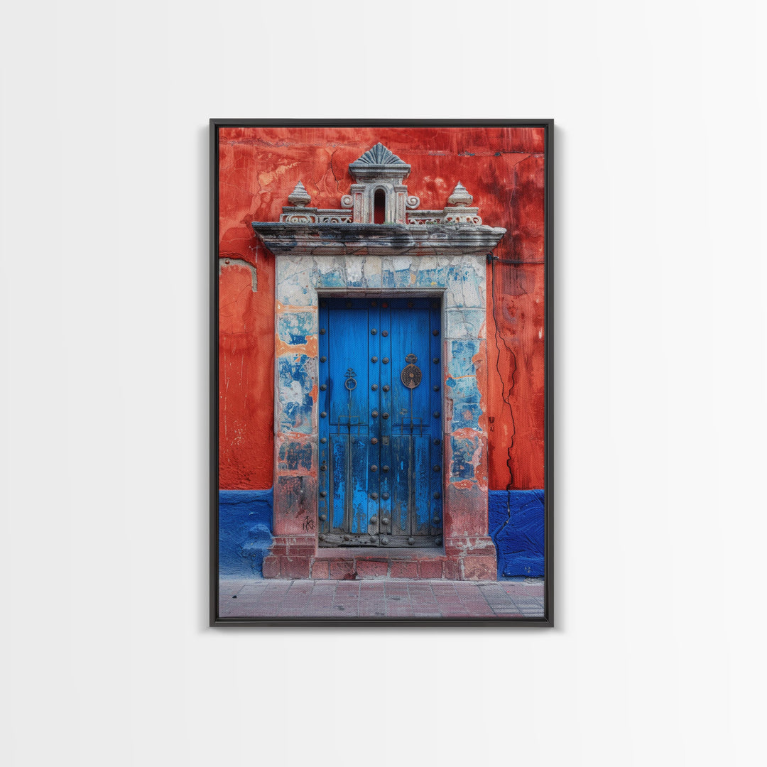 Tall Art Framed Canvas Print Of Mexican Style Blue Door And Red Walls With Vibrant Flowers