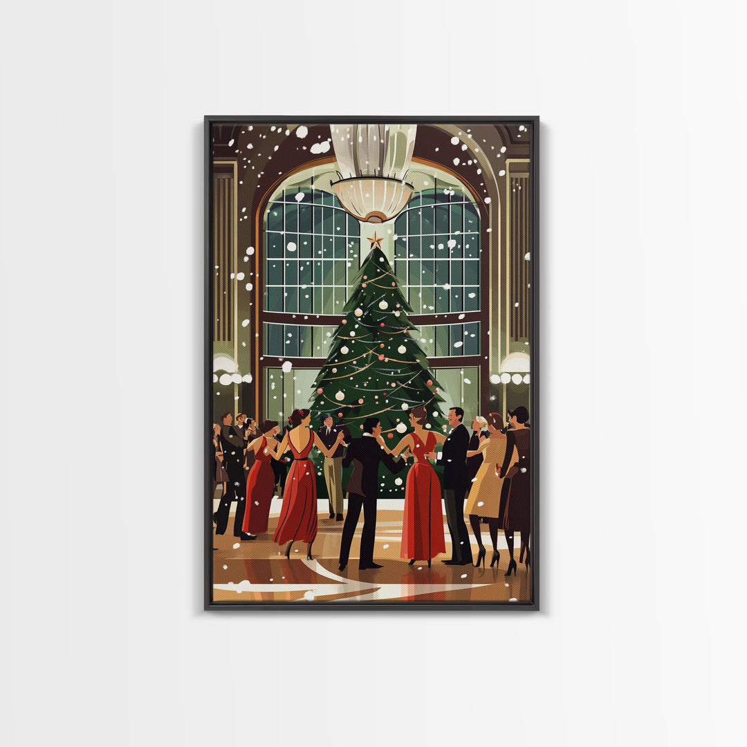 Vintage Christmas Dance in Grand Hall with Snow Falling and Large Decorated Christmas Tree, Ideal Holiday Art, Framed Canvas Print