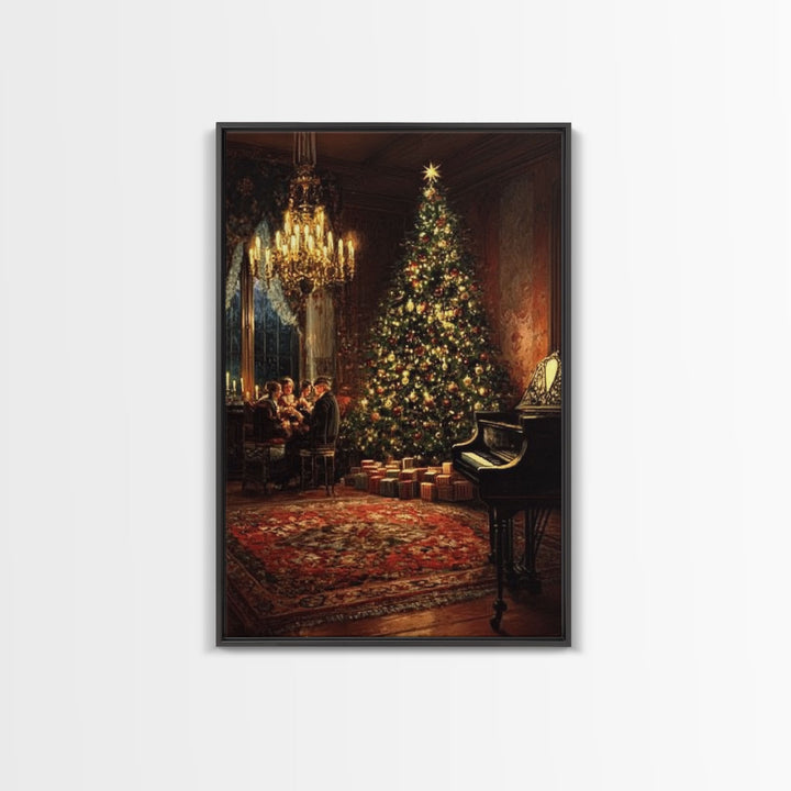 Vintage Victorian Christmas Tree Framed Canvas Print Tall Art With Grand Piano And Family Gathering, Elegant Christmas Wall Art Decor