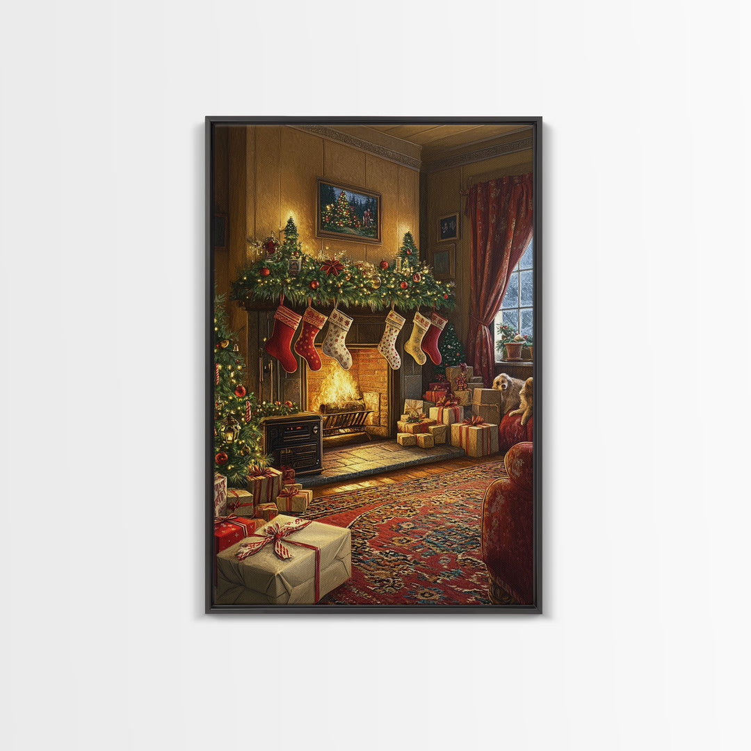 Cozy Christmas Mantle Decor Framed Canvas Print With Stockings Hanging And Presents By The Fire, Seasonal Holiday Wall Art Farmhouse Style