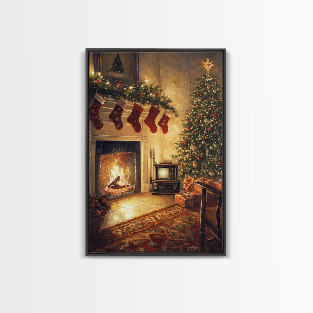 Nostalgic Christmas Living Room Scene Framed Canvas Print With Vintage Fireplace And Tree, Warm Holiday Wall Art Christmas Decor